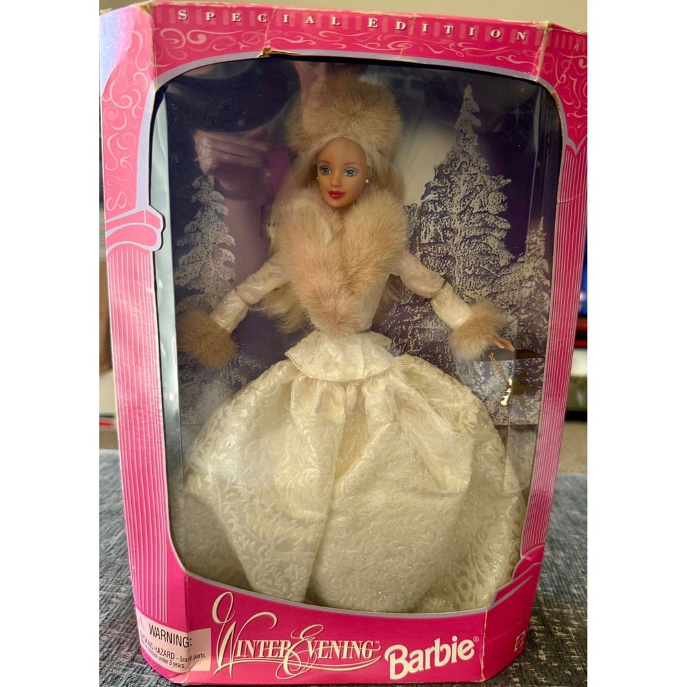 Mattel Barbie Winter Evening Doll in Ivory Gown with Pink Box